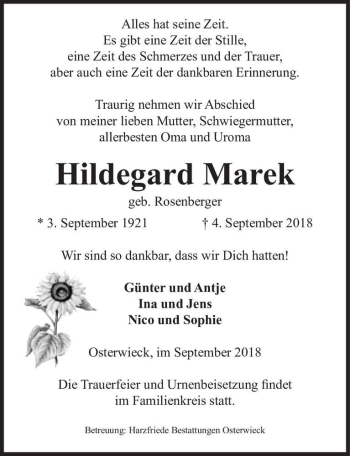Traueranzeige von Hildegard Marek (geb. Rosenberger)  von Magdeburger Volksstimme