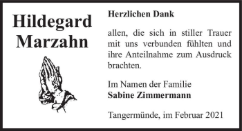 Traueranzeige von Hildegard Marzahn  von Magdeburger Volksstimme