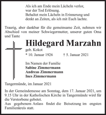 Traueranzeige von Hildegard Marzahn (geb. Kokot)  von Magdeburger Volksstimme