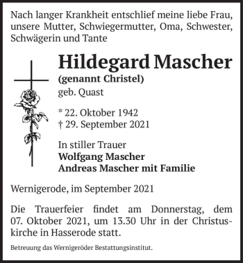 Traueranzeige von Hildegard Mascher 