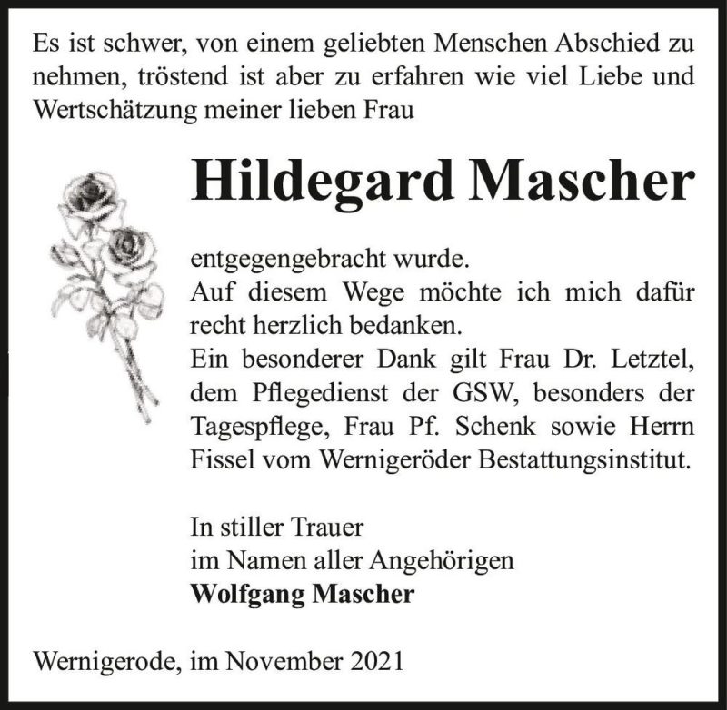  Traueranzeige für Hildegard Mascher  vom 05.11.2021 aus Magdeburger Volksstimme