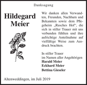 Traueranzeige von Hildegard Meier  von Magdeburger Volksstimme