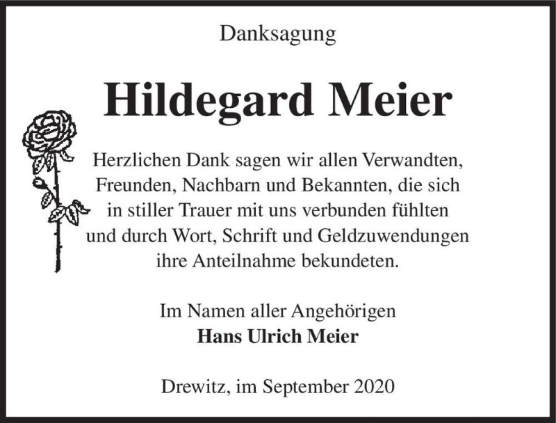 Traueranzeige für Hildegard Meier  vom 02.10.2020 aus Magdeburger Volksstimme