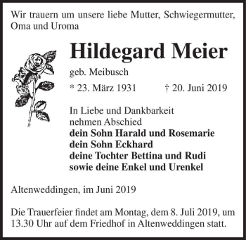 Traueranzeige von Hildegard Meier (geb. Meibusch)  von Magdeburger Volksstimme