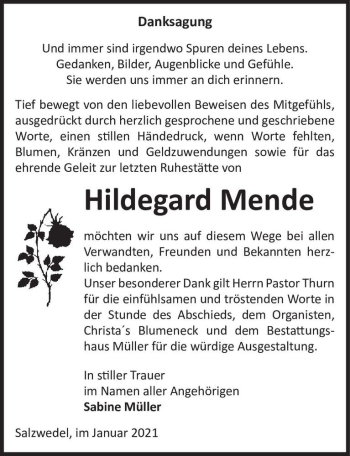 Traueranzeige von Hildegard Mende  von Magdeburger Volksstimme