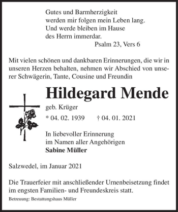 Traueranzeige von Hildegard Mende (geb. Krüger)  von Magdeburger Volksstimme
