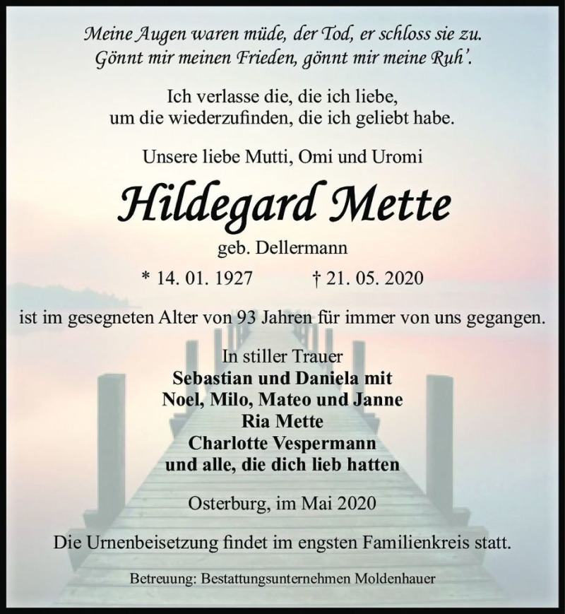  Traueranzeige für Hildegard Mette (geb. Dellermann)  vom 27.05.2020 aus Magdeburger Volksstimme