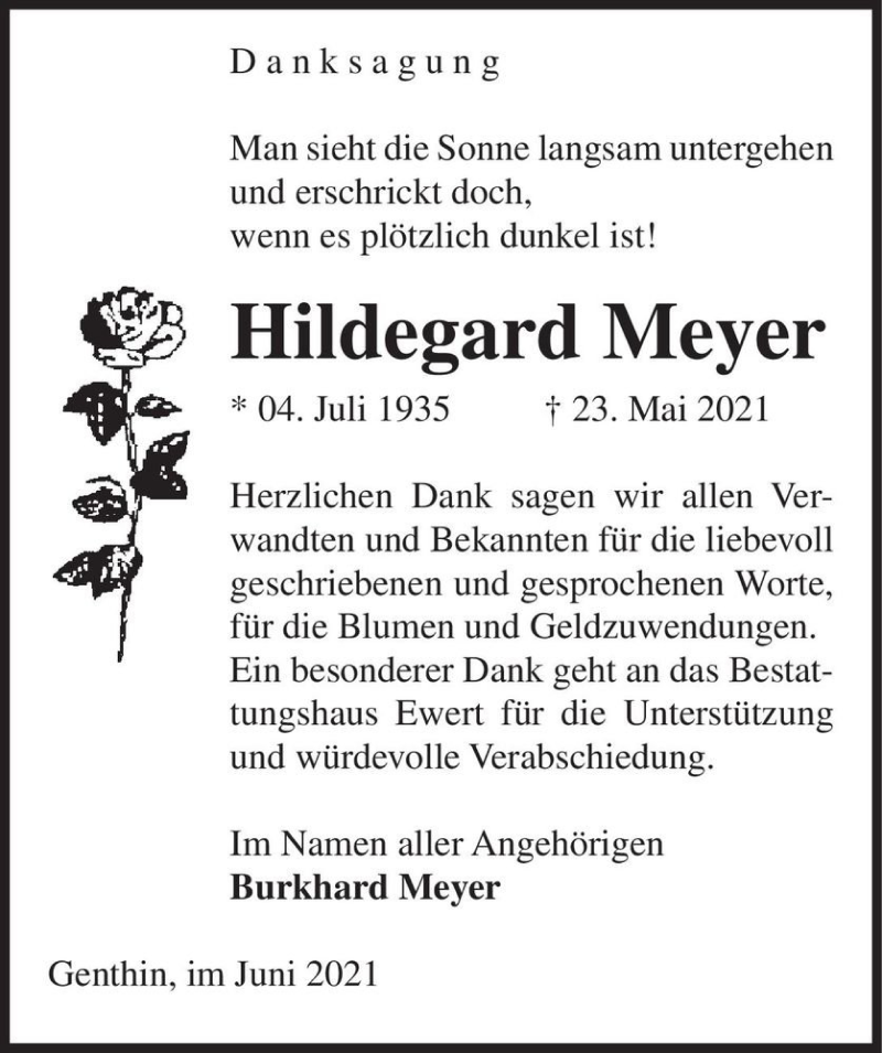 Traueranzeige für Hildegard Meyer  vom 12.06.2021 aus Magdeburger Volksstimme