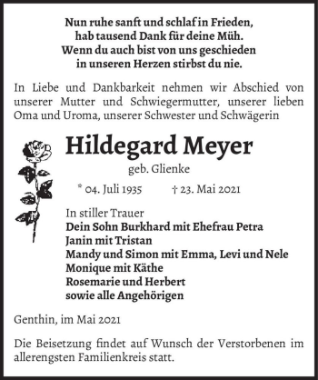 Traueranzeige von Hildegard Meyer (geb. Glienke)  von Magdeburger Volksstimme