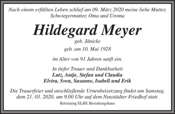 Traueranzeige von Hildegard Meyer (geb. Jänicke)  von Magdeburger Volksstimme