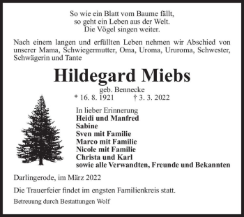 Traueranzeige von Hildegard Miebs (geb. Bennecke)  von Magdeburger Volksstimme