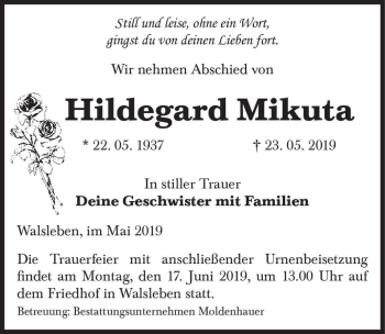 Traueranzeige von Hildegard Mikuta  von Magdeburger Volksstimme