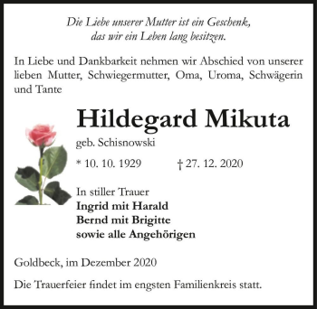 Traueranzeige von Hildegard Mikuta (geb. Schisnowski)  von Magdeburger Volksstimme