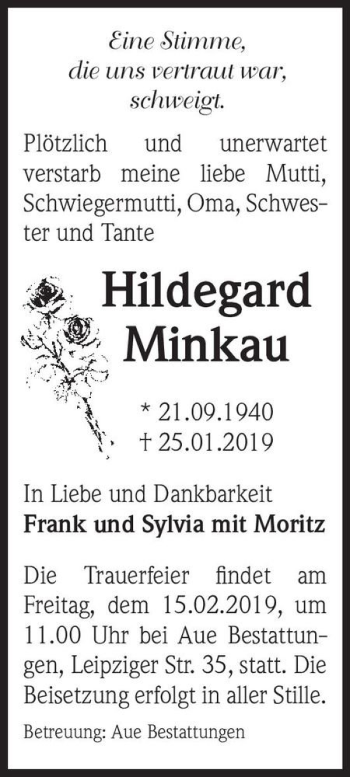 Traueranzeige von Hildegard Minkau  von Magdeburger Volksstimme