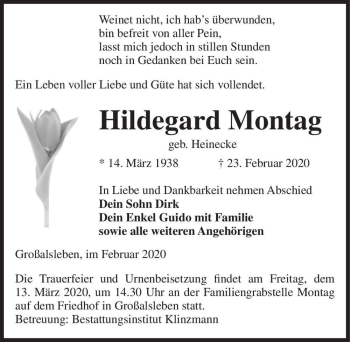 Traueranzeige von Hildegard Montag (geb. Heinecke)  von Magdeburger Volksstimme