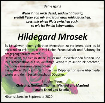 Traueranzeige von Hildegard Mrosek  von Magdeburger Volksstimme