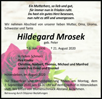Traueranzeige von Hildegard Mrosek (geb. Peter)  von Magdeburger Volksstimme
