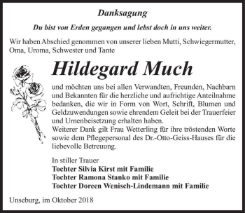 Traueranzeige von Hildegard Much  von Magdeburger Volksstimme