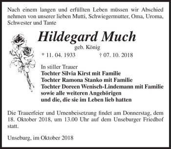 Traueranzeige von Hildegard Much (geb. König)  von Magdeburger Volksstimme