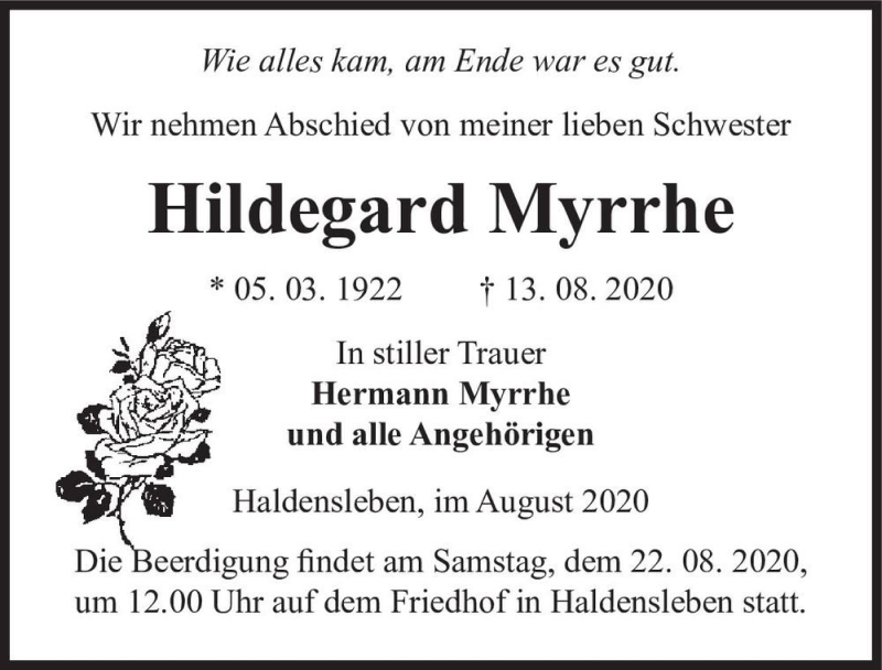  Traueranzeige für Hildegard Myrrhe  vom 15.08.2020 aus Magdeburger Volksstimme