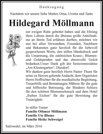 Traueranzeige von Hildegard Möllmann  von Magdeburger Volksstimme