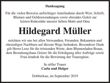 Traueranzeige von Hildegard Müller  von Magdeburger Volksstimme