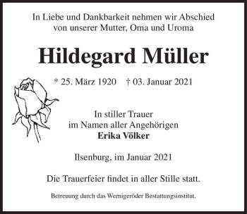 Traueranzeige von Hildegard Müller  von Magdeburger Volksstimme