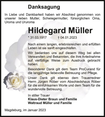 Traueranzeige von Hildegard Müller  von Magdeburger Volksstimme