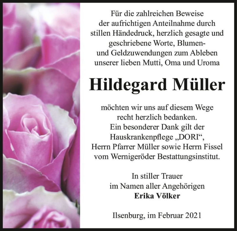 Traueranzeige für Hildegard Müller  vom 01.02.2021 aus Magdeburger Volksstimme