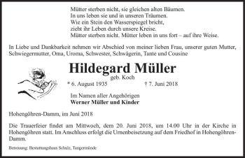 Traueranzeige von Hildegard Müller (geb. Koch)  von Magdeburger Volksstimme