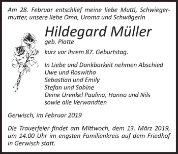 Traueranzeige von Hildegard Müller (geb. Platte)  von Magdeburger Volksstimme
