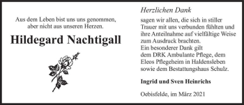 Traueranzeige von Hildegard Nachtigall  von Magdeburger Volksstimme