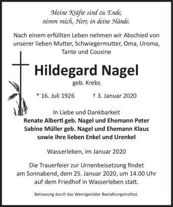 Traueranzeige von Hildegard Nagel (geb. Krebs)  von Magdeburger Volksstimme