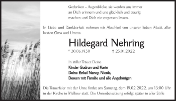 Traueranzeige von Hildegard Nehring  von Magdeburger Volksstimme