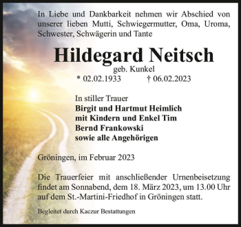 Traueranzeige von Hildegard Neitsch (geb. Kunkel)  von Magdeburger Volksstimme