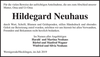 Traueranzeige von Hildegard Neuhaus  von Magdeburger Volksstimme