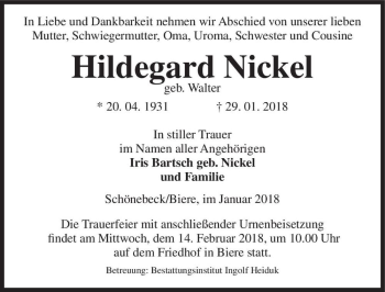 Traueranzeige von Hildegard Nickel (geb. Walter)  von Magdeburger Volksstimme