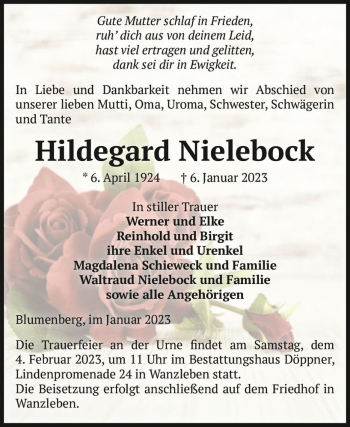Traueranzeige von Hildegard Nielebock  von Magdeburger Volksstimme