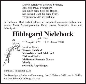Traueranzeige von Hildegard Nielebock (geb. Hahn)  von Magdeburger Volksstimme
