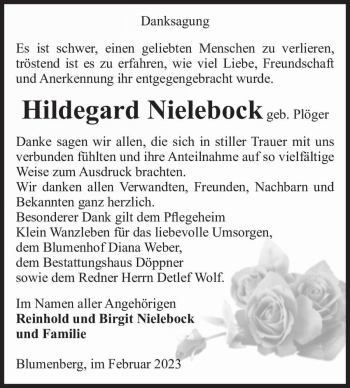 Traueranzeige von Hildegard Nielebock (geb. Plöger)  von Magdeburger Volksstimme