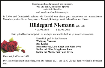 Traueranzeige von Hildegard Niemann (geb. Loß)  von Magdeburger Volksstimme