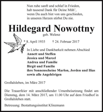 Traueranzeige von Hildegard Nowottny (geb. Welenz)  von Magdeburger Volksstimme