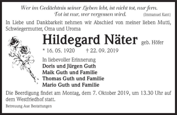 Traueranzeige von Hildegard Näther (geb. Höfer)  von Magdeburger Volksstimme