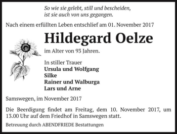 Traueranzeige von Hildegard Oelze  von Magdeburger Volksstimme