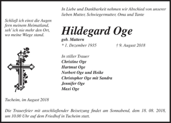 Traueranzeige von Hildegard Oge (geb. Mattern)  von Magdeburger Volksstimme