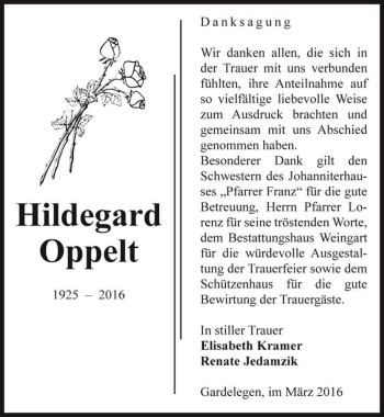 Traueranzeige von Hildegard Oppelt  von Magdeburger Volksstimme