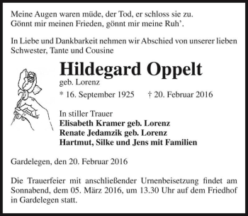 Traueranzeige von Hildegard Oppelt (geb. Lorenz)  von Magdeburger Volksstimme