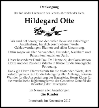 Traueranzeige von Hildegard Otte  von Magdeburger Volksstimme