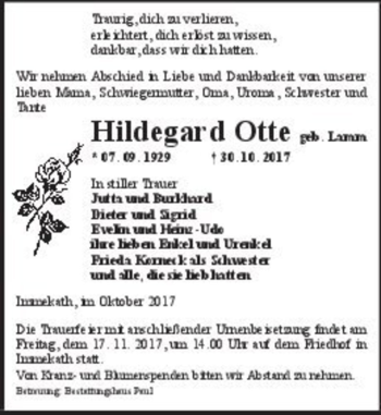 Traueranzeige von Hildegard Otte (geb. Lamm)  von Magdeburger Volksstimme