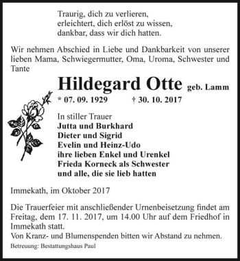 Traueranzeige von Hildegard Otte (geb. Lamm)  von Magdeburger Volksstimme